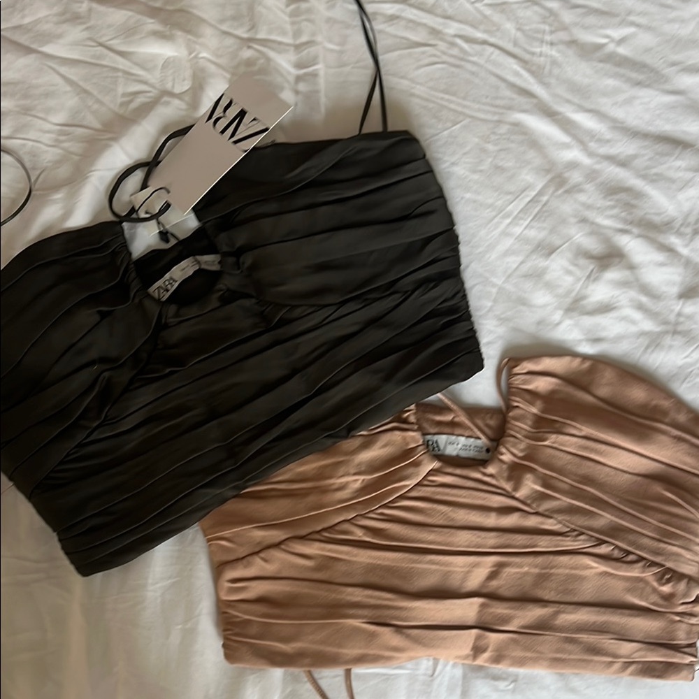Black and Tan Pleated Tops